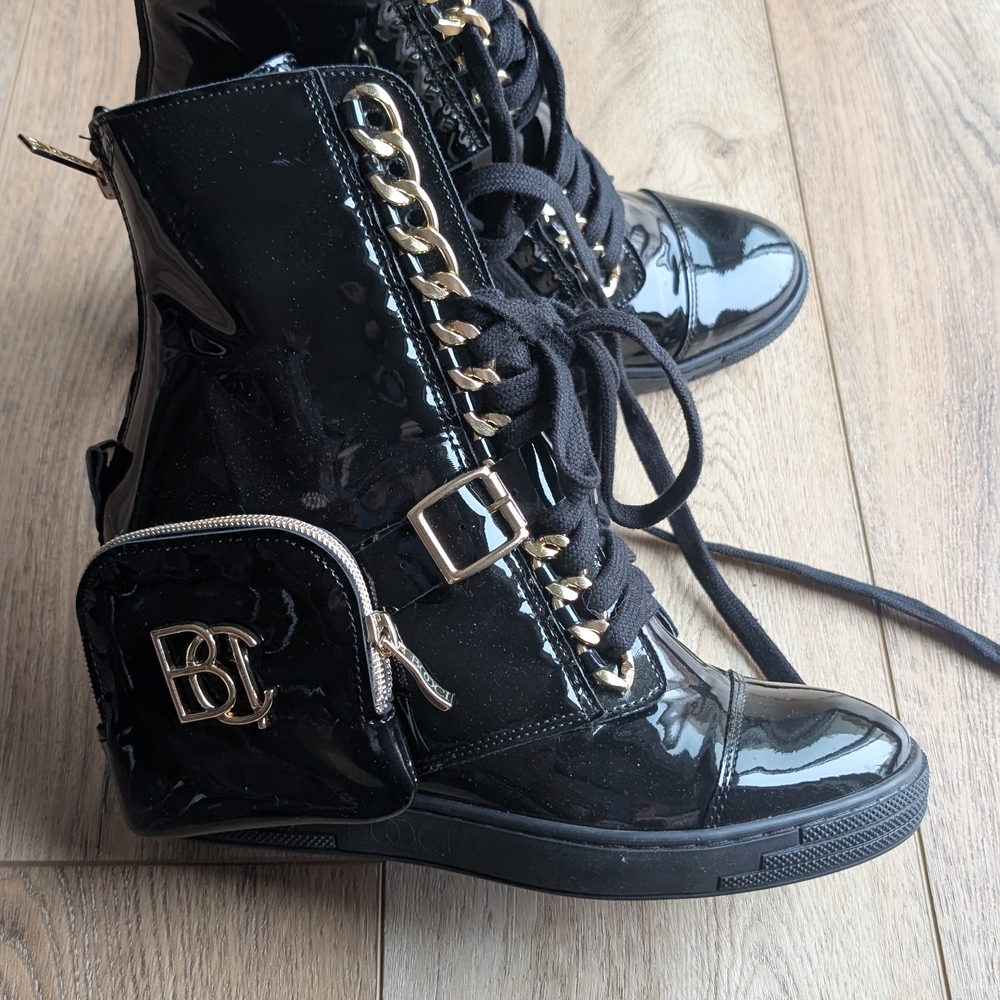 Black Patent Leather Ankle Boots with Gold Accents